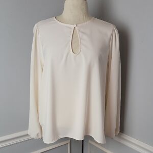 J.CREW Ivory Puff-Sleeve Satin-Back Crepe Drapey Keyhole Office Casual Blouse L